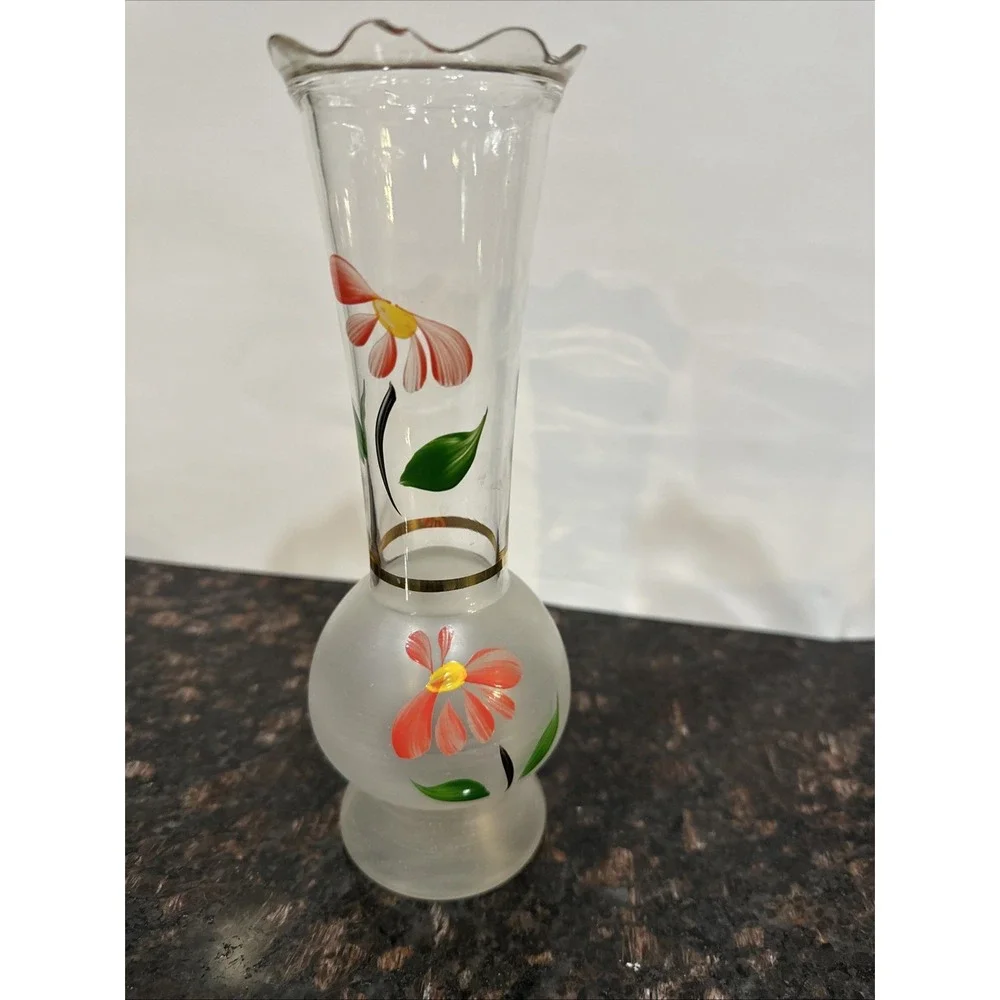 Vintage 9” Frosted Glass Bud Vase Gold Trim Hand Painted Floral Scalloped Rim